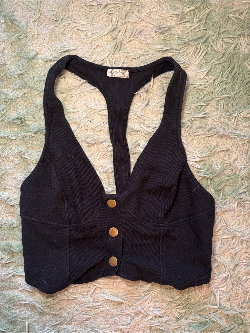 Free People Black Racerback Button Crop Top with Gold Buttons